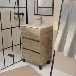 Meuble Vasque|Aurlane Meuble de salle de bains 50 cm TIMBER - Décor Chêne Naturel 3 tiroirs avec Vasque blanche