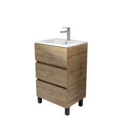 Meuble Vasque|Aurlane Meuble de salle de bains 50 cm TIMBER - Décor Chêne Naturel 3 tiroirs avec Vasque blanche