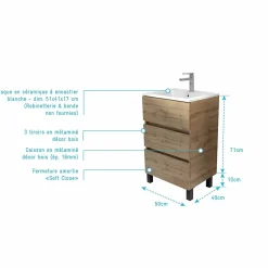 Meuble Vasque|Aurlane Meuble de salle de bains 50 cm TIMBER - Décor Chêne Naturel 3 tiroirs avec Vasque blanche