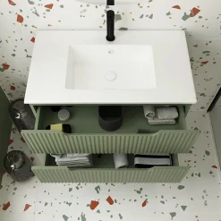 Aurlane Meuble de Salle de Bains LEON 80cm Vert Olive - 2 Tiroirs en MDF Ondulés - Vasque à encastrer