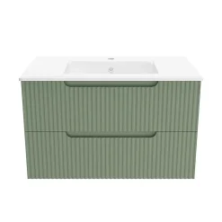 Aurlane Meuble de Salle de Bains LEON 80cm Vert Olive - 2 Tiroirs en MDF Ondulés - Vasque à encastrer