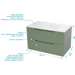 Aurlane Meuble de Salle de Bains LEON 80cm Vert Olive - 2 Tiroirs en MDF Ondulés - Vasque à encastrer