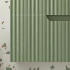 Aurlane Meuble de Salle de Bains LEON 80cm Vert Olive - 2 Tiroirs en MDF Ondulés - Vasque à encastrer