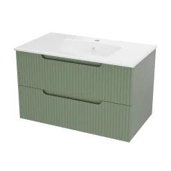 Aurlane Meuble de Salle de Bains LEON 80cm Vert Olive - 2 Tiroirs en MDF Ondulés - Vasque à encastrer