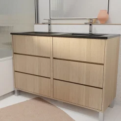 Aurlane Meuble de salle de bains 120 cm 6 Tiroirs Chêne Clair + Vasque Double Céramique Noire - XENOS
