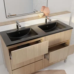 Aurlane Meuble de salle de bains 120 cm 6 Tiroirs Chêne Clair + Vasque Double Céramique Noire - XENOS