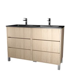 Aurlane Meuble de salle de bains 120 cm 6 Tiroirs Chêne Clair + Vasque Double Céramique Noire - XENOS