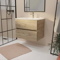 Meuble Vasque|Aurlane Meuble de salle de bains suspendu 70 cm TIMBER - Décor Chêne Naturel 2 tiroirs avec Vasque blanche