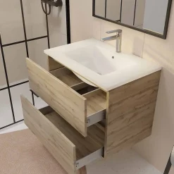 Meuble Vasque|Aurlane Meuble de salle de bains suspendu 70 cm TIMBER - Décor Chêne Naturel 2 tiroirs avec Vasque blanche