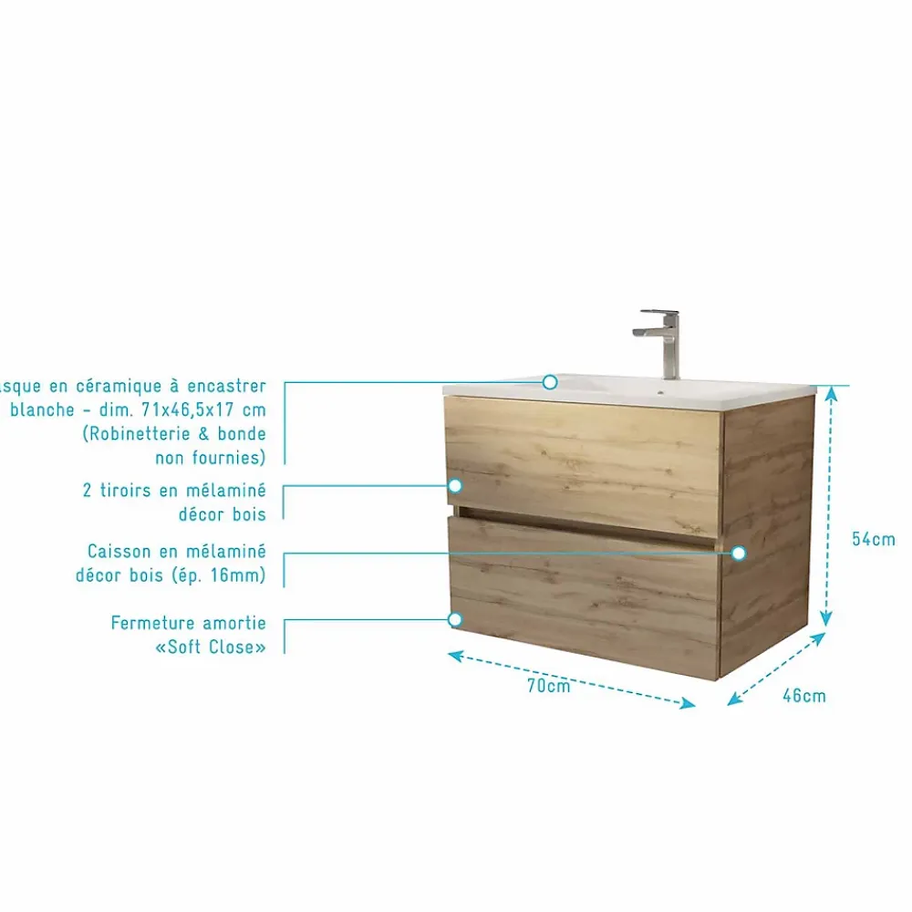Meuble Vasque|Aurlane Meuble de salle de bains suspendu 70 cm TIMBER - Décor Chêne Naturel 2 tiroirs avec Vasque blanche