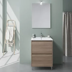 Kiamami Valentina Meuble De Salle De Bains Au Sol 60Cm Avec 2 Tiroirs En Chêne Naturel Effet Bois Avec Lavabo Et Miroir 60X80 - Laguna
