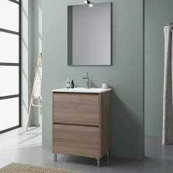 Kiamami Valentina Meuble De Salle De Bains Au Sol 60Cm Avec 2 Tiroirs En Chêne Naturel Effet Bois Avec Lavabo Et Miroir 60X80 - Laguna