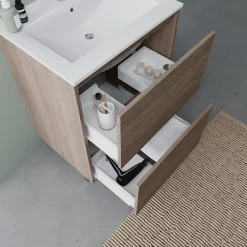 Kiamami Valentina Meuble De Salle De Bains Au Sol 60Cm Avec 2 Tiroirs En Chêne Naturel Effet Bois Avec Lavabo Et Miroir 60X80 - Laguna