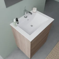 Kiamami Valentina Meuble De Salle De Bains Au Sol 60Cm Avec 2 Tiroirs En Chêne Naturel Effet Bois Avec Lavabo Et Miroir 60X80 - Laguna