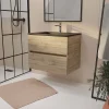Aurlane Meuble de salle de bains suspendu 70 cm TIMBER - Décor Chêne Naturel 2 tiroirs avec Vasque noire