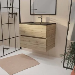 Aurlane Meuble de salle de bains suspendu 70 cm TIMBER - Décor Chêne Naturel 2 tiroirs avec Vasque noire