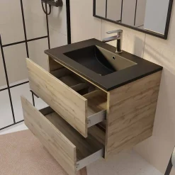 Aurlane Meuble de salle de bains suspendu 70 cm TIMBER - Décor Chêne Naturel 2 tiroirs avec Vasque noire