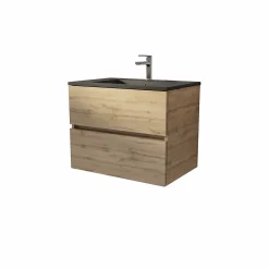 Aurlane Meuble de salle de bains suspendu 70 cm TIMBER - Décor Chêne Naturel 2 tiroirs avec Vasque noire