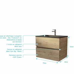 Aurlane Meuble de salle de bains suspendu 70 cm TIMBER - Décor Chêne Naturel 2 tiroirs avec Vasque noire