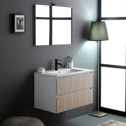 Kiamami Valentina Meuble De Salle De Bains Cannage Blanc Et Chêne 80Cm, Lavabo Et Miroir 80X60 - Bilbao