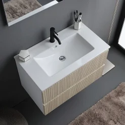 Kiamami Valentina Meuble De Salle De Bains Cannage Blanc Et Chêne 80Cm, Lavabo Et Miroir 80X60 - Bilbao