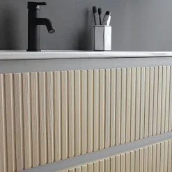 Kiamami Valentina Meuble De Salle De Bains Cannage Blanc Et Chêne 80Cm, Lavabo Et Miroir 80X60 - Bilbao
