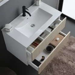 Kiamami Valentina Meuble De Salle De Bains Cannage Blanc Et Chêne 80Cm, Lavabo Et Miroir 80X60 - Bilbao