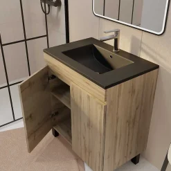 Ensemble Meuble De Salle De Bains|Aurlane Meuble de salle de bains 70cm TIMBER Décor Chêne Naturel à Portes Vasque Noire et Miroir LED 70x50