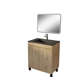 Ensemble Meuble De Salle De Bains|Aurlane Meuble de salle de bains 70cm TIMBER Décor Chêne Naturel à Portes Vasque Noire et Miroir LED 70x50