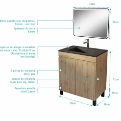 Ensemble Meuble De Salle De Bains|Aurlane Meuble de salle de bains 70cm TIMBER Décor Chêne Naturel à Portes Vasque Noire et Miroir LED 70x50
