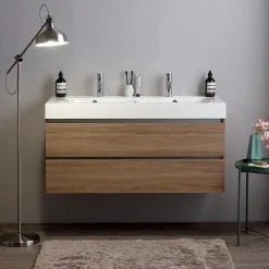 Kiamami Valentina Meuble De Salle De Bains Suspendu 120Cm Avec Tiroirs En Chêne Naturel Soft Close Et Double Lavabo - Valentina