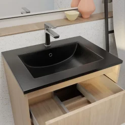 Aurlane Meuble de salle de bains 60 cm 3 Tiroirs Chêne Clair + Vasque Céramique Noire - XENOS