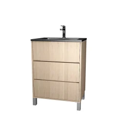 Aurlane Meuble de salle de bains 60 cm 3 Tiroirs Chêne Clair + Vasque Céramique Noire - XENOS