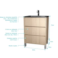 Aurlane Meuble de salle de bains 60 cm 3 Tiroirs Chêne Clair + Vasque Céramique Noire - XENOS