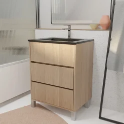 Aurlane Meuble de salle de bains 60 cm 3 Tiroirs Chêne Clair + Vasque Céramique Noire - XENOS
