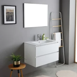 Kiamami Valentina Meuble De Salle De Bains Suspendu 80Cm Blanc Avec Lavabo En Céramique Et Miroir - Bilbao