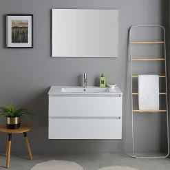 Kiamami Valentina Meuble De Salle De Bains Suspendu 80Cm Blanc Avec Lavabo En Céramique Et Miroir - Bilbao