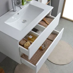 Kiamami Valentina Meuble De Salle De Bains Suspendu 80Cm Blanc Avec Lavabo En Céramique Et Miroir - Bilbao