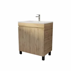 Aurlane Meuble de salle de bains 70 cm TIMBER - Décor Chêne Naturel à portes avec Vasque céramique blanche