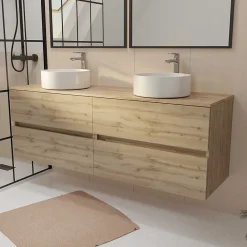 Aurlane Meuble de salle de bains 160 TIMBER Décor Chêne - 4 Tiroirs - 2 Vasques Rondes Blanches
