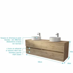 Aurlane Meuble de salle de bains 160 TIMBER Décor Chêne - 4 Tiroirs - 2 Vasques Rondes Blanches