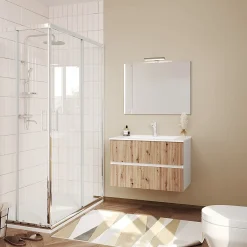 Ensemble Meuble De Salle De Bains|Kiamami Valentina Meuble De Salle De Bains 80Cm Blanc Avec Façade En Chêne Cannelé Et Miroir 80X60