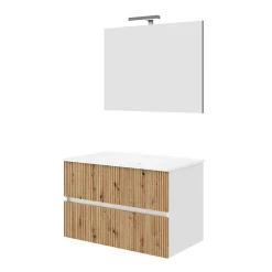 Ensemble Meuble De Salle De Bains|Kiamami Valentina Meuble De Salle De Bains 80Cm Blanc Avec Façade En Chêne Cannelé Et Miroir 80X60