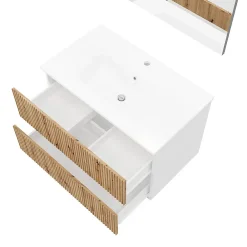 Ensemble Meuble De Salle De Bains|Kiamami Valentina Meuble De Salle De Bains 80Cm Blanc Avec Façade En Chêne Cannelé Et Miroir 80X60