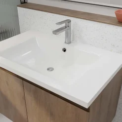Aurlane Meuble de salle de bains 75cm à Suspendre Décor Bois Clair - 2 Portes - Vasque Blanche - ELEMENTARY