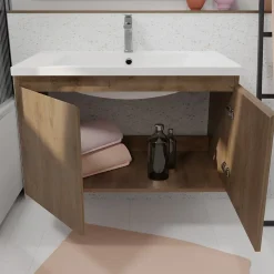 Meuble Vasque|Aurlane Meuble de salle de bains 80cm à Suspendre Décor Bois Clair - 2 Portes - Vasque Blanche - ELEMENTARY