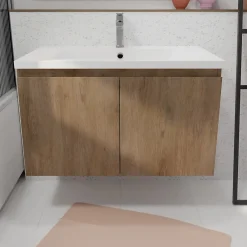 Meuble Vasque|Aurlane Meuble de salle de bains 80cm à Suspendre Décor Bois Clair - 2 Portes - Vasque Blanche - ELEMENTARY