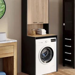 IDMarket Meuble dessus de machine à laver WALLIS avec placard noir et bois façon hêtre