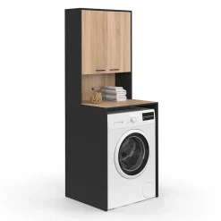 IDMarket Meuble dessus de machine à laver WALLIS avec placard noir et bois façon hêtre