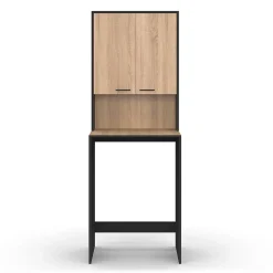 IDMarket Meuble dessus de machine à laver WALLIS avec placard noir et bois façon hêtre